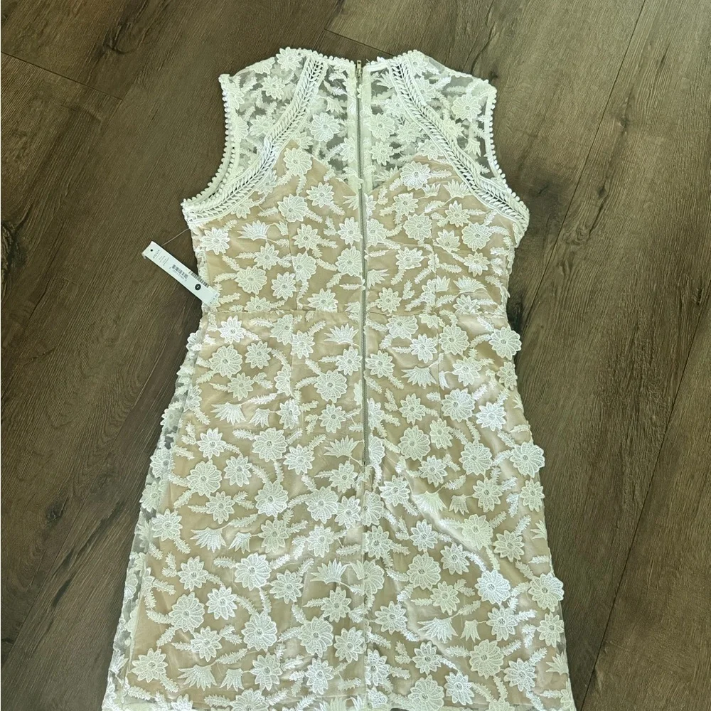 Aqua White Floral Lace Overlay Nude Mini Dress - Picture 4 of 8